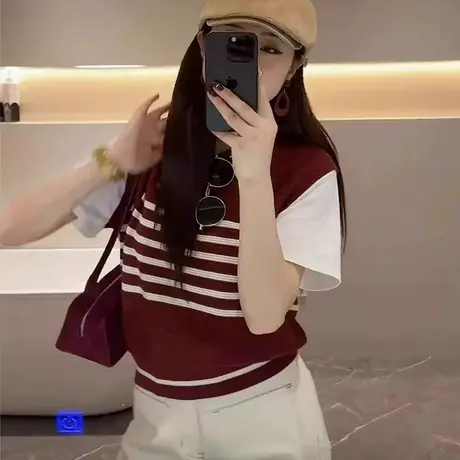 假两件条纹拼接马甲针织衫短袖t恤女夏季设计感小众独特漂亮上衣商品大图