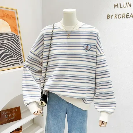 多巴胺秋季新款~日系学院风小熊条纹长袖套头卫衣ins奶糥减龄上衣商品大图