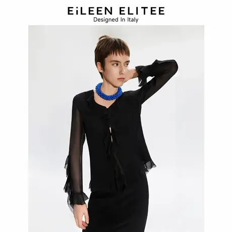 朗姿欧洲EiLEEN ELITEE2025年夏新款黑色衬衣上衣荷叶边雪纺衬衫商品大图