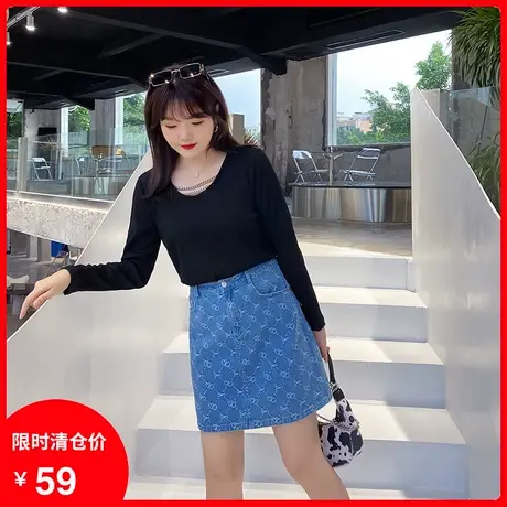 2023年秋季新款法式链条长袖上衣女针织衫显瘦大码胖MM黑色打底衫商品大图