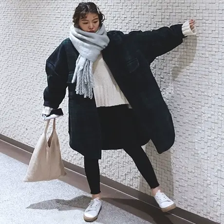 新款绿格子衬衫式毛呢外套女中长款韩版宽松大码时尚休闲呢子大衣图片