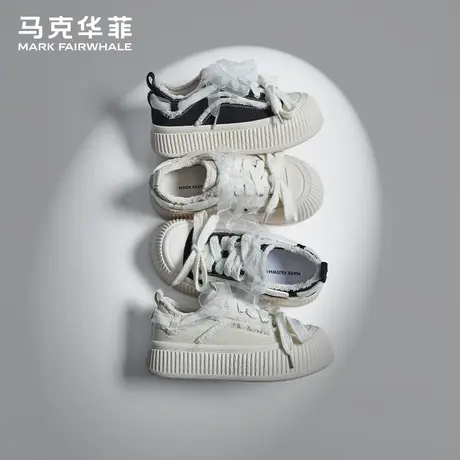 马克华菲帆布鞋女2025春季新款厚底丑萌大头饼干鞋蕾丝小白鞋子女图片