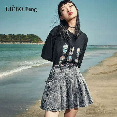 裂帛LIEBOFeng设计师品牌ABG多巴胺桃心百褶裙显瘦A字牛仔半身裙图片