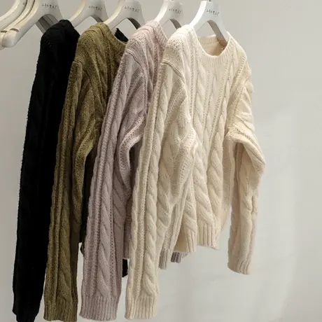 高级又时髦！慵懒温柔软糯圆领麻花毛衣女秋冬设计感小众针织上衣商品大图