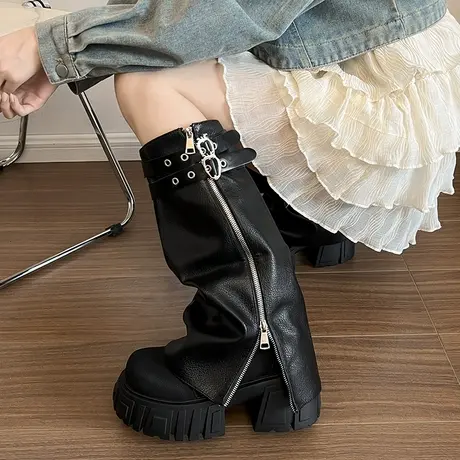 厚底裤管靴马丁靴女2025年新款秋季小个子增高长筒靴两穿骑士靴子商品大图