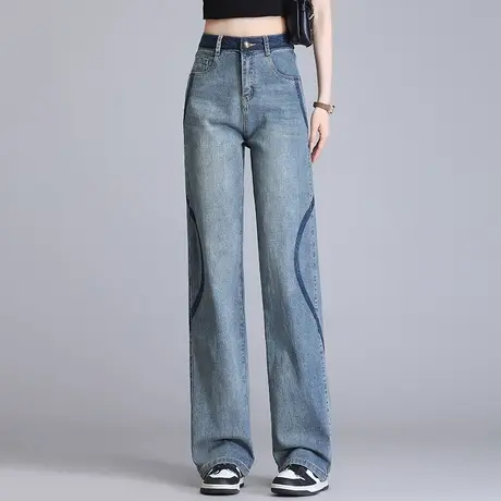 拉夏贝尔窄版阔腿牛仔裤女秋冬2025新加绒加厚高腰显瘦休闲直筒裤商品大图