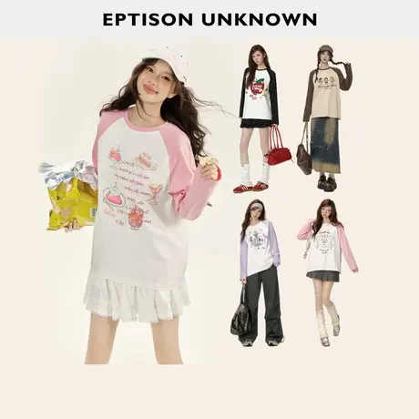 EPTISON长袖T恤女2025秋季新款宽松撞色插肩袖纯棉印花休闲风上衣商品大图