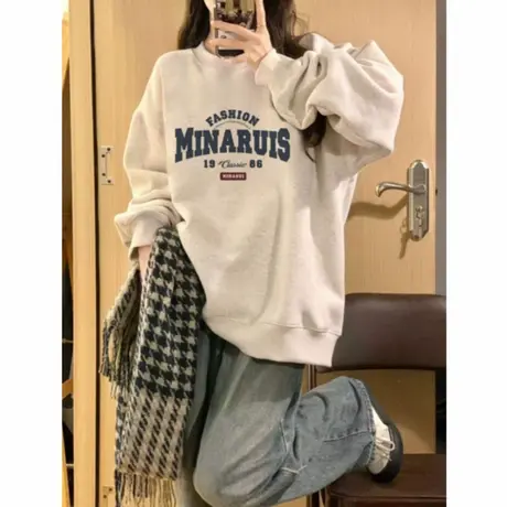 欧货圆领加绒加厚白灰色卫衣女2025秋冬宽松oversize重磅百搭上衣商品大图