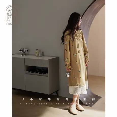 妮狄娅睡衣睡裙女秋季长袖柔软棉复古花卉中长裙时尚春秋季家居服商品大图
