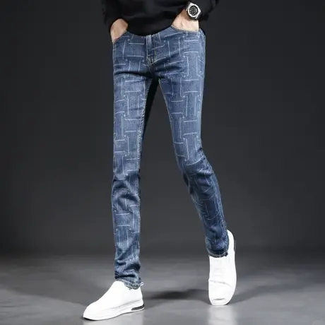 高端男士牛仔裤修身小脚2023新款秋季印花潮牌弹力牛仔裤男青年商品大图