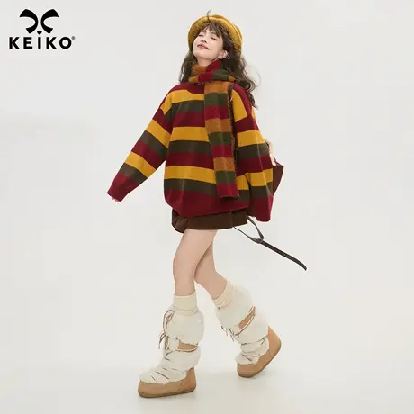 KEIKO 巴恩风撞色条纹圆领毛衣女25秋冬氛围感慵懒松弛宽松针织衫商品大图