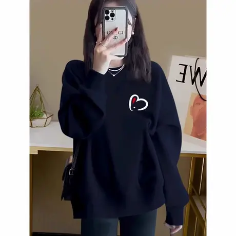 藏蓝色落肩圆领卫衣女宽松美式2025秋冬新款欧货大码加绒加厚外套商品大图