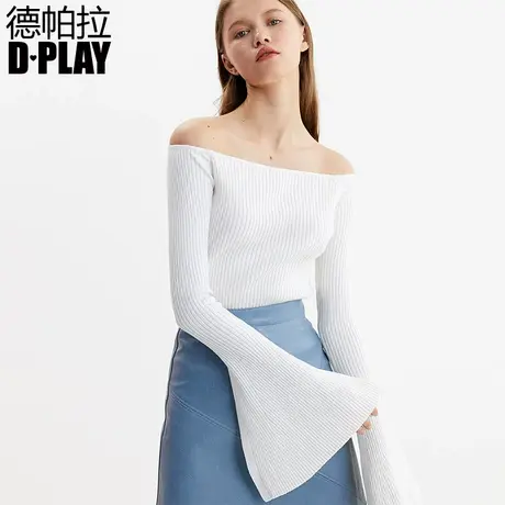 DPLAY德帕拉春新品欧美纯色一字领喇叭袖简约修身针织上衣商品大图