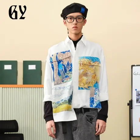 雅戈尔奥莱 GY男装衬衫秋冬时尚文艺印花宽松休闲长袖衬衫商品大图
