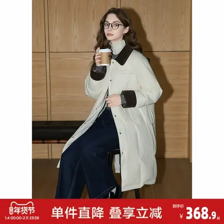 唐狮2026冬季长款羽绒服女过膝翻领拼接灯芯绒撞色宽松休闲风时尚商品大图