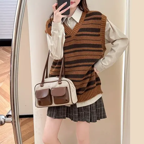 唐狮秋冬复古条纹V领套头女士马甲春秋外穿高档高级感insTE商品大图