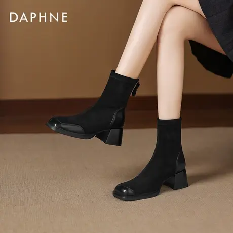 达芙妮高跟短靴女2026新款冬季韩系黑色踝靴方头粗跟瘦瘦靴高跟鞋商品大图