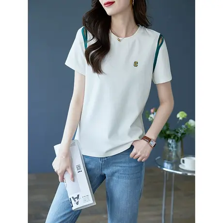 宝诗黎圆领字母棉质T恤宽松打底短袖2023夏季新款时尚简约上衣女商品大图