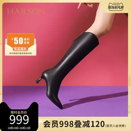哈森长靴女2023冬季新款尖头细跟老钱风V口显瘦高筒靴HWA230188图片