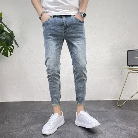 牛仔裤男春秋新款九分裤青春潮流浅蓝色做旧猫须抓痕男款牛仔裤子商品大图