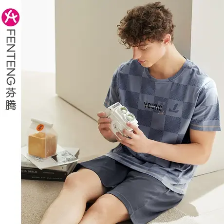 芬腾男士睡衣夏季纯棉薄款短袖套装青年宽松休闲加大码套头家居服商品大图