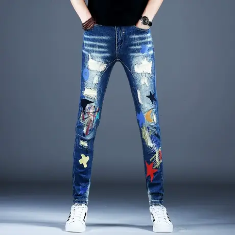 美式高街潮流裤子男士高档牛仔裤男款小脚修身刺绣秋款新款破洞裤商品大图