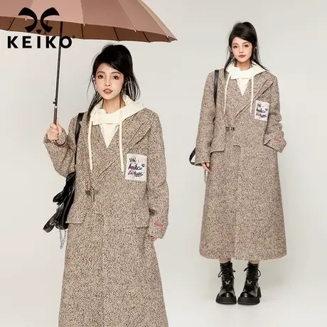 KEIKO [夹棉]高级感人字纹毛呢大衣女加厚冬季赫本风长款呢子外套商品大图