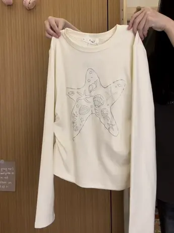 红续立体发泡海星贝壳收腰长袖T恤女甜妹风显瘦内搭上衣秋冬新款图片