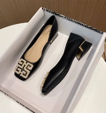 真皮珍珠方扣单鞋女2023秋季新款百搭浅口气质粗跟女鞋软底中跟鞋商品大图