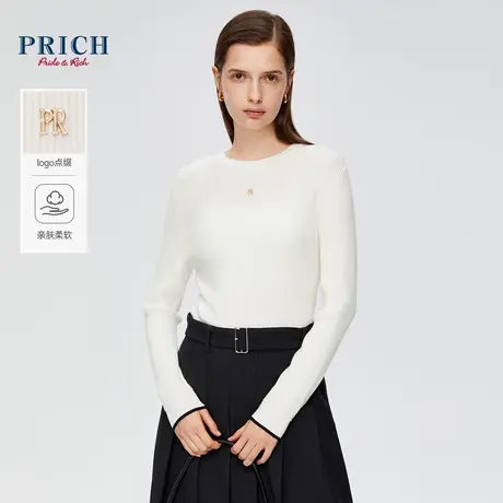 PRICH2024春新款金属logoV字前襟撞色袖口弧线圆领坑条针织衫女商品大图