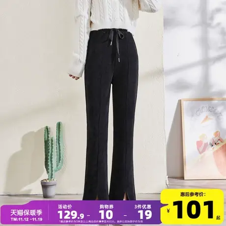 唐狮2022秋季新款休闲裤女阔腿裤微喇开叉高腰弹力欧棉绒裤子女图片