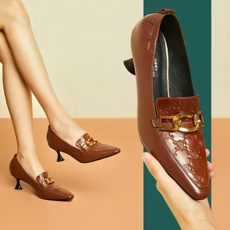 秋季新品真皮百搭浅口粗跟尖头一脚蹬马蹄跟小皮鞋棕色英伦风商品大图