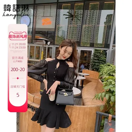 韩语琳黑色复古高腰性感镂空拼接荷叶边中长连衣裙春秋新款女图片