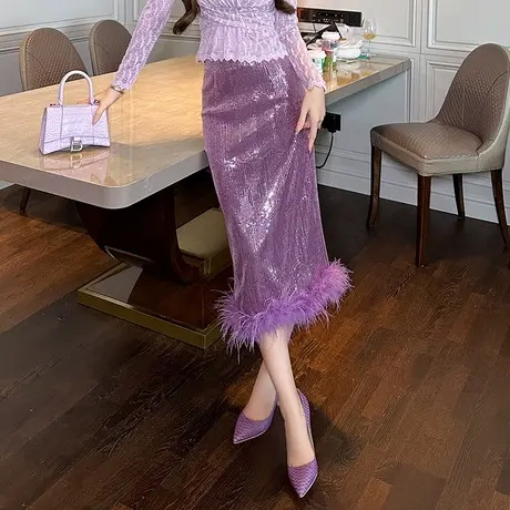 独特羽毛设计感小众亮片半身裙女新款高腰垂坠感直筒修身包臀裙子商品大图