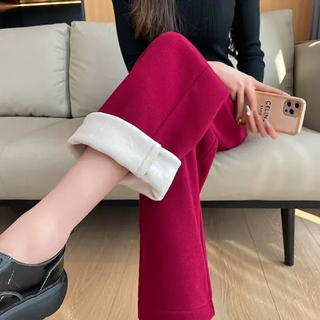 毛呢阔腿裤女2024年冬季新款加厚羊绒高腰宽松显瘦加绒休闲直筒裤商品大图