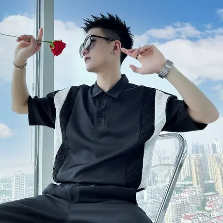 夏季男士t恤polo衫短袖翻领半袖宽松潮牌潮流拼色拼接网红ins体恤商品大图