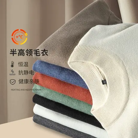 潮流高级质感套头半高领毛衣秋冬纯色青年百搭打底衫保暖针织线衣商品大图