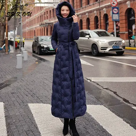 深蓝色轻奢羽绒服女长款过膝到脚踝2024年冬新款修身保暖加厚外套图片