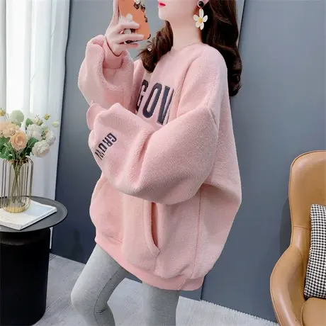 宽松慵懒风大码加厚圆领羊羔毛卫衣女2023年新款秋冬时尚保暖外套图片