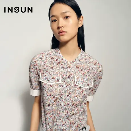 恩裳夏季复古印花感修身显瘦短袖衬衫图片