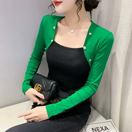 时尚拼色长袖T恤女装2024新款潮假两件方领上衣紧身洋气小衫春秋商品大图