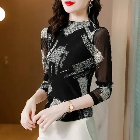 复古网纱印花T恤女长袖2024秋冬新款洋气半高领打底衫性感上衣ins图片