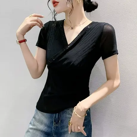 性感V领短袖T恤女夏装2024新款时尚修身网纱上衣洋气烫钻半袖小衫图片