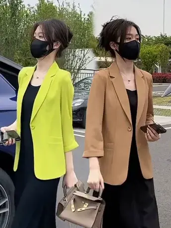 薄款小西服2023夏季新款小个子一粒扣宽松显瘦七分袖西装外套女潮商品大图