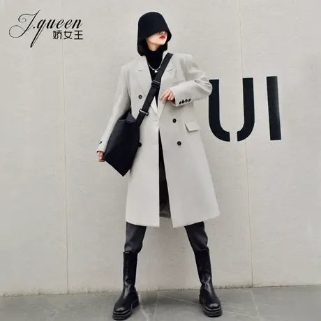 毛呢西装外套女中长款冬季新款宽松韩版双排扣气质过膝呢子大衣潮商品大图