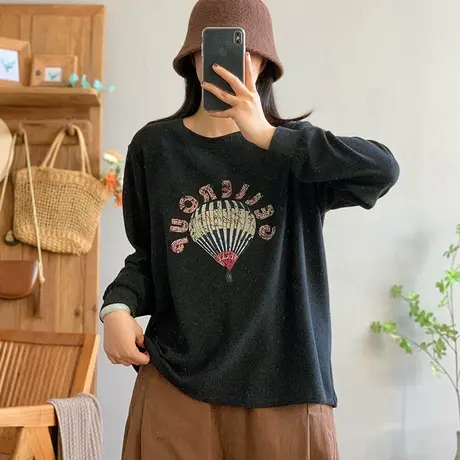 dza 复古宽松德绒长袖T恤女秋冬内搭圆领上衣休闲加绒长袖打底衫商品大图