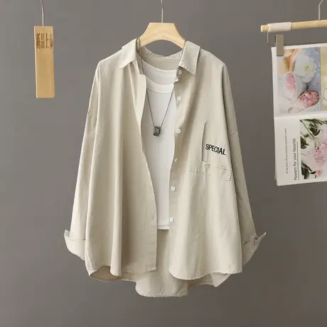 休闲杏色衬衫外套女春秋季2024新款设计感小众宽松衬衣中长款上衣商品大图