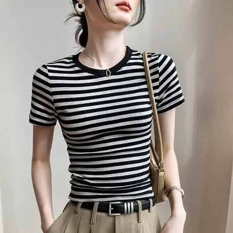 黑白条纹短袖T恤女2025春秋紧身收腰显瘦上衣百搭正肩圆领打底衫图片