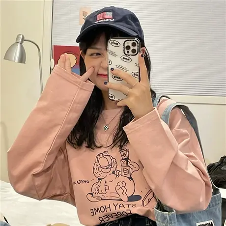 红续卡通可爱加菲猫印花纯棉宽松长袖T恤女打底衫秋冬上衣慵懒风商品大图