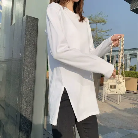 白色长袖t恤女ins潮2020新款韩版宽松慵懒上衣秋冬百搭内搭打底衫商品大图